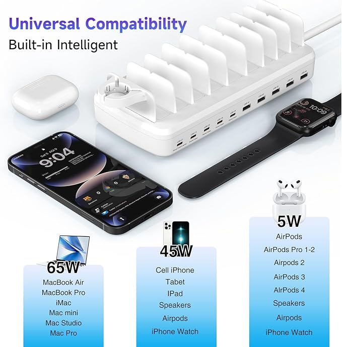 285W Charging Station for Multiple Devices, 10 Ports Fast Multi-Device Charger