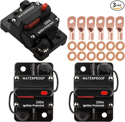 3 Pack 200 Amp Circuit Breaker Manual Reset Wire Lugs Copper Washer for Car Marine Trolling Motors Boat ATV Manual Power Protect for Audio System Fuse, 12V-48VDC