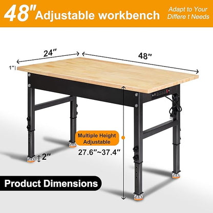 48" Adjustable Work Bench, Rubber Wood Top Workbench Heavy-Duty Work Table with Power Outlet, 2000 LBS Load Capacity Hardwood Work Benches for Garage, Workshop, Home, Office, Easy Assembly