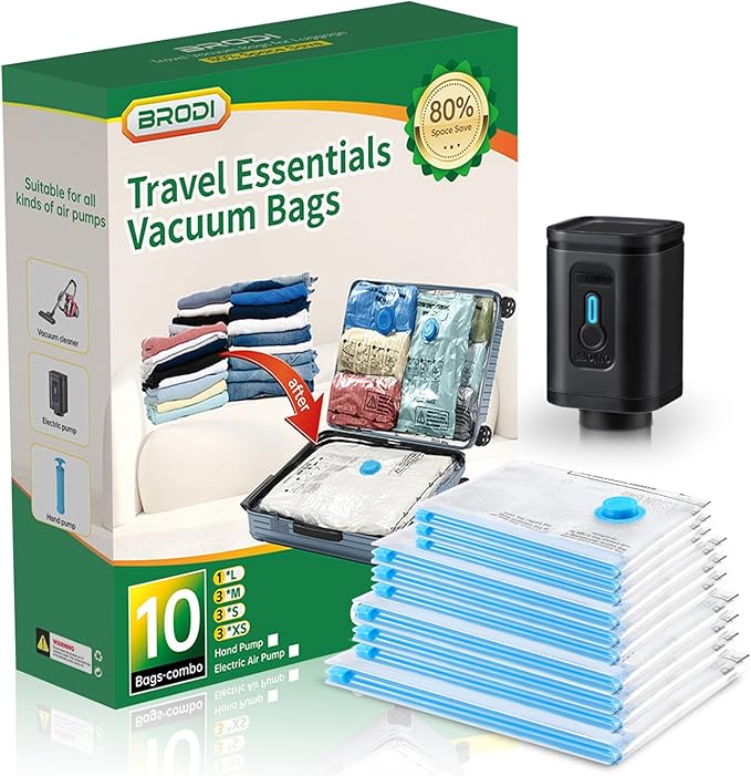 BRODI 10 Combo Pack Travel Vacuum Bags with Pump - Space Saver & Travel Essentials, Clothing & Luggage Vacuum Seal Bags