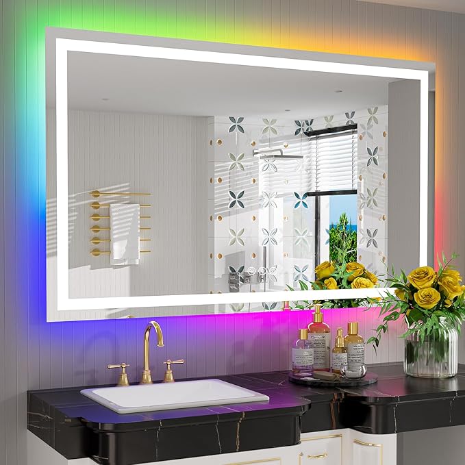 YEELAIT 55x36 Inch RGB LED Bathroom Mirror Front Light and RGB Backlit Lighted