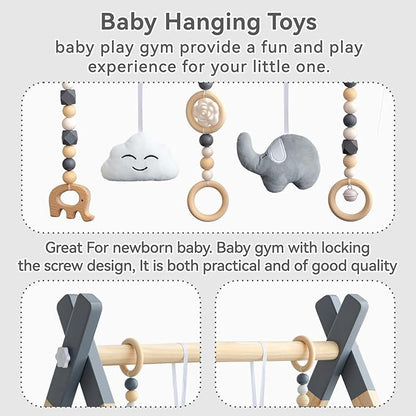 Wooden Baby Play Gym with Mat, Foldable Baby Play Gym Frame Activity Gym Hanging Bar with 5 Gym Baby Toys Playmats for Newborn Baby (Foldable Baby Play Gym with Mat)