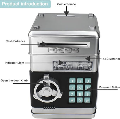 Piggy Bank Electronic Mini ATM for Kids Toy, Safe Money Saving Box Coin Banks Password Code Lock for 3-14 Years Old Kids, Boys Girls Ideal Gift (Silver)
