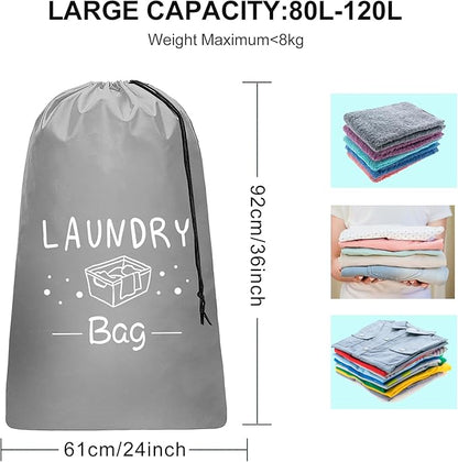 Sylfairy 2 Pack Extra Large Travel Laundry Bag, Rip-Stop Dirty Clothes Shoulder Bag with Drawstring, Heavy Duty Travel Laundry Bag, Large Laundry Hamper Liner (Black+Light Grey, 24" x 36")