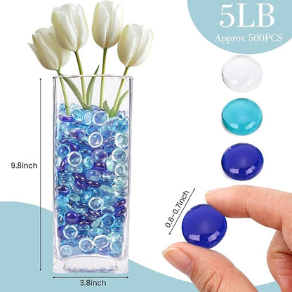 FUTUREPLUSX 5 Lb Flat Glass Marbles, 500PCS Blue Mixed Color Flat Gems Decorative Glass Stones Vase Filler Beads Table Scatter Decor