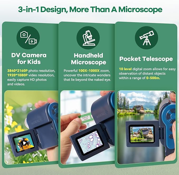 HP20 IPS Microscope for Kids: [3-in-1] [Easy and Fun] 2" Portable Handheld Microscope Miniscope, Pocket Mini Scope Educational Science Kit, Christmas Birthday Gifts for Kids, 32GB, Blue