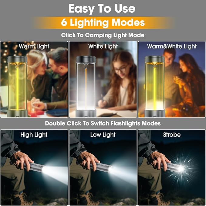 2 in 1 LED Camping Lantern, 2500mAh Rechargeable Camping Light, 6 Modes Outdoor Flashlight Lantern Portable, Waterproof Zoomable Tent Light for Emergency, Hiking, Hurricane, Power Outages