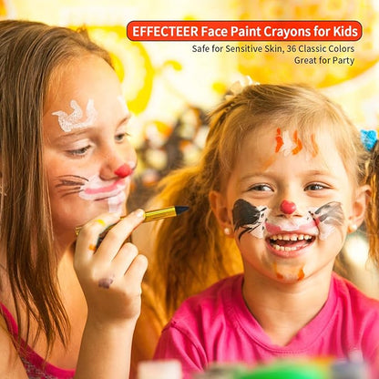 Face Paint Crayons for Kids, 36 Makeup Sticks & 36 Stencils, Professtional Face Painting kit for Halloween or Birthday Party, 6 Fluorescent, 6 Metallic & 24 Classic Colors, Safe for Sensitive Skin