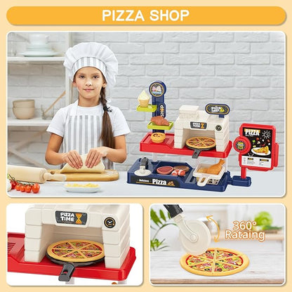 deAO Pretend Play Store Pizza Play Set for Kids, Realistic Pizza Pie Pretend Play Food,Slice and Serve Plastic Kitchen Cooking and Cutting Playset (Red)
