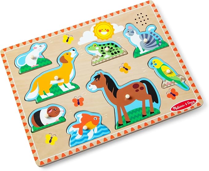 Melissa & Doug Zoo Pet Animals Sound Puzzle – 8-Piece Wooden Peg Puzzle with Light-Activated Sounds, Music Learning Toy for Toddlers and Preschoolers Ages 2+