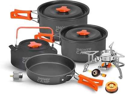 Camping Cookware Mess Kit Set with Stove - Backpacking Camping Pots and Pans Set, All in One Non-Stick Camping Cooking Set, Portable Stove, Hiking, Picnic, Outdoor & Camping Cookware Set