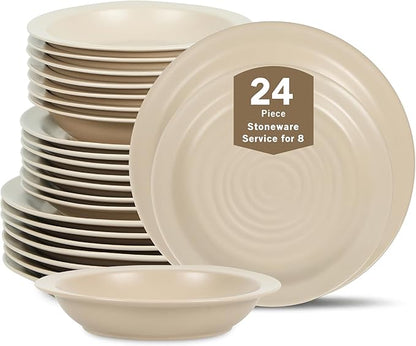Stone Lain Orbit 24-Piece Dinnerware Set Stoneware, Plates and Bowls Set, Pasta Bowls, Microwave and Dishwasher Safe, Dish Set for 8, Beige