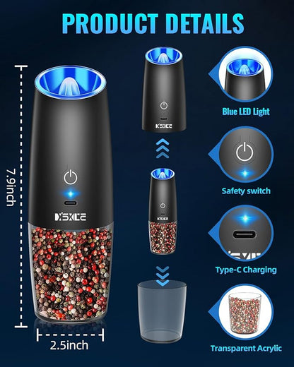 Rechargeable Pepper and Salt Grinder Set, whit Gravity Sensing Switch and LED