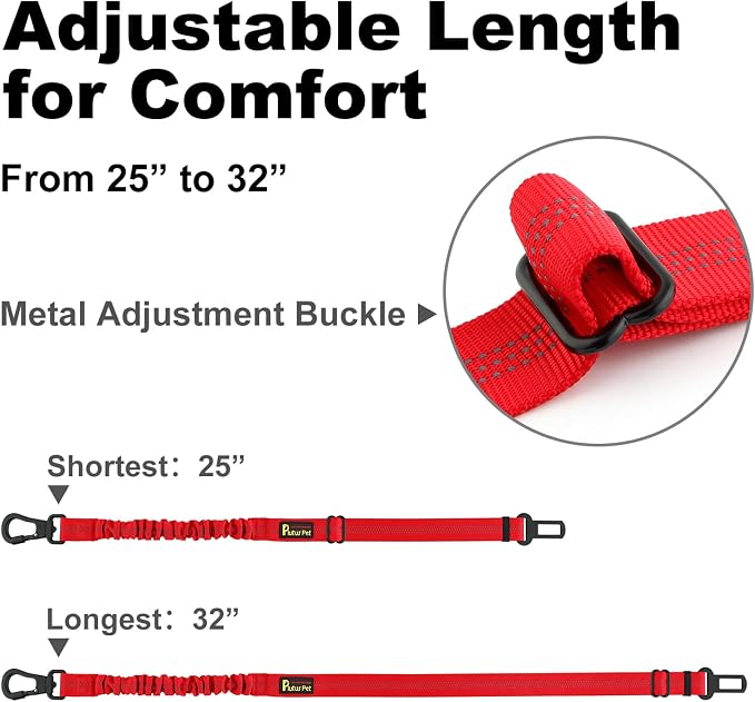 Plutus Pet Dog Seat Belt for Car, Adjustable Dog Car Harness with Carabiner Clip, Reflective Safety Dog Seatbelt Leash with Elastic Bungee, Red