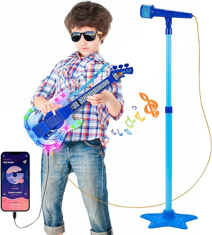 Guitar and Microphone Play Set for Boys New Upgrade,Karaoke Machine with Music&Light,Microphone Toys with Stand,Adjustable Height Guitar Toys for Kids,Toddlers,Child