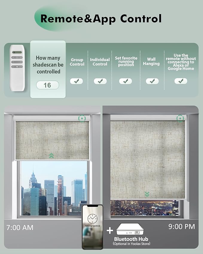 Yoolax Motorized Blinds with Remote, Light Filtering Remote Shades