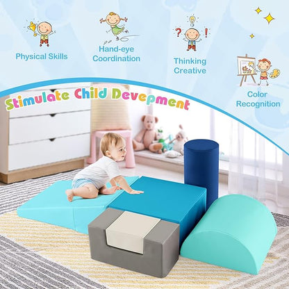 HONEY JOY 6-Piece Climb and Crawl Playset, Soft Climbing Foam Block Activity Play Structure Gym Equipment for Infant Baby, Color Coordination, Waterproof Indoor Climbing Toys for Toddlers (Blue)