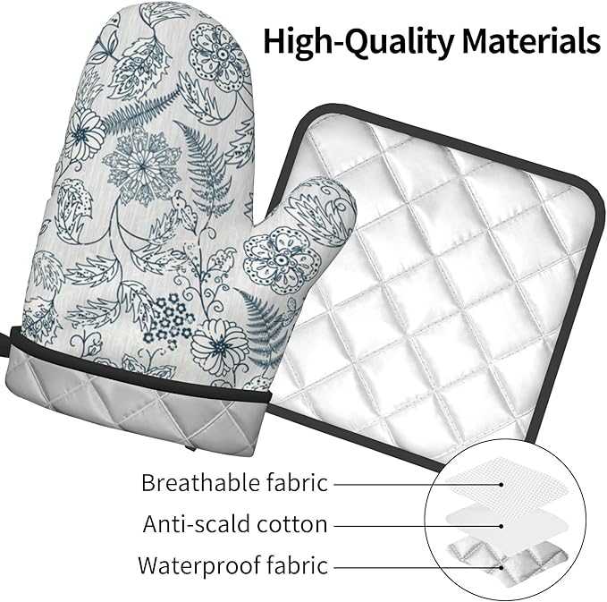 Blue Floral Oven Mitts Set – Vintage Pot Holders Kitchen Gloves