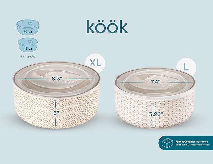 KooK Serving Bowls, with Lids, Ceramic Nesting Bowls, Microwave and Dishwasher