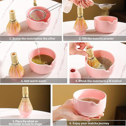 Matcha Tea Set, 5-Piece Ceramic Matcha Bowl & Whisk Kit with Cute Cat Pattern, Traditional Japanese Chawan, Scoop & Sifter, Perfect for Tea Ceremony, Gift for & Tea Lovers (pink)