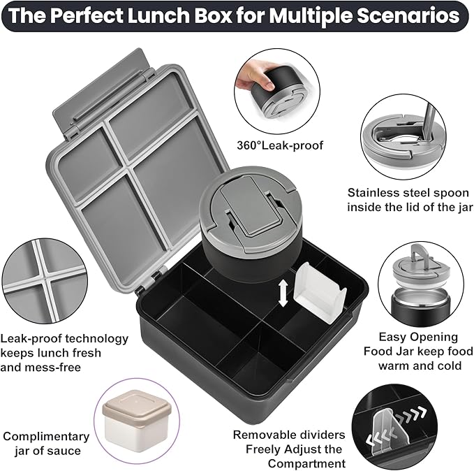 Bento Lunch Box with 8oz Soup Thermo,Kids Leakproof 4 Compartment Lunch Food Containers with Sauce Cup and Ice Pack,Kids Thermo Insulated Hot Food Jar and Lunch Bag for School,Trvael-Black