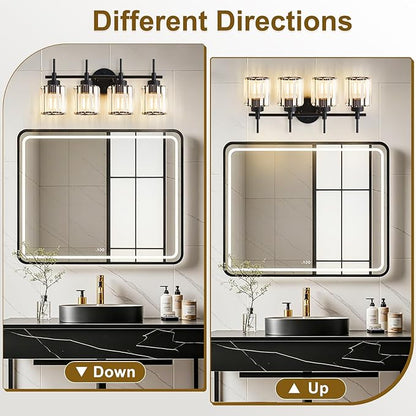 EJIAXIN 4 Light Round Crystal Vanity Lights, Modern Black Crystal Wall Light