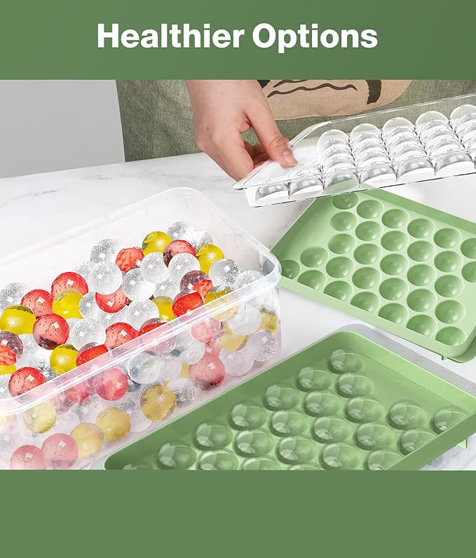 Ice Cube Tray with Lid and Bin, Ice Tray, 62 Round Ice Trays