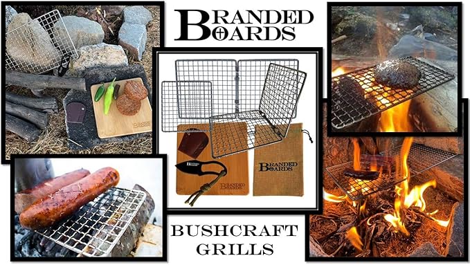 Portable Bushcraft Stainless BBQ Cooking Grill Grate, Bamboo Cutting Board, Burlap Bag, Mini Knife, Fire Starter Kits. Camping, Campfires, Backpacking, Hunting & Fishing Gear