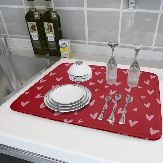 Valentines Dish Drying Mat for Kitchen Counter 18x24 Inch Valentine's Day Red