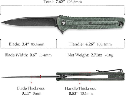 EDC Pocket Knife for Men,Folding Knives with Reversible Clip,Liner Lock 3.4'' Black 14C28N Steel Blade,Green Micarta Handle,Seagull-G