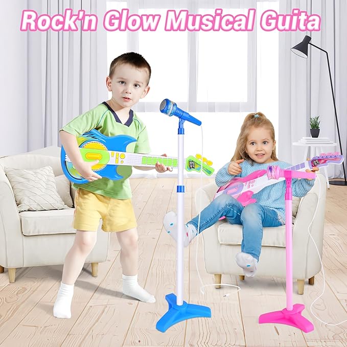 deAO Kids Guitar and Microphone Play Set with Stand for Girls, Musical Guitar Play Set, Adjustable Height Guitar Toys Karaoke Music Toys Birthday Gifts for Kids Boys Girls Toddlers