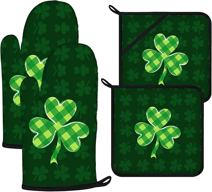 Green Clover Oven Mitts and Pot Holders Sets 4Pcs, Extra Long Oven Gloves