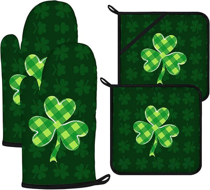 Green Clover Oven Mitts and Pot Holders Sets 4Pcs, Extra Long Oven Gloves