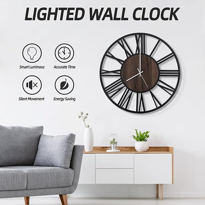 LEIKE Large Wall Clocks with Night Light Battery Operated, Silent Non Ticking
