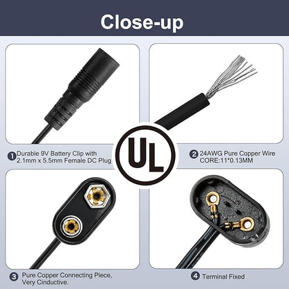 CHANZON UL Wires 9v Female Connector Battery Clip 2.1mm x 5.5mm Converter 9 Volt Power Eliminator Adapter Supply Plastic I Type 5 Pack Connection