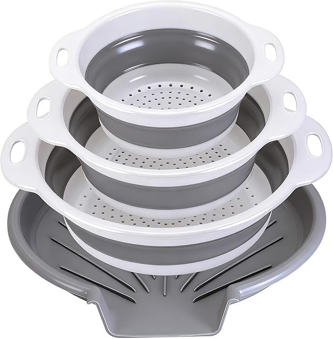Collapsible Colander Set with Oversized Draining Tray | 3-Pack Foldable Kitchen