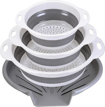 Collapsible Colander Set with Oversized Draining Tray | 3-Pack Foldable Kitchen