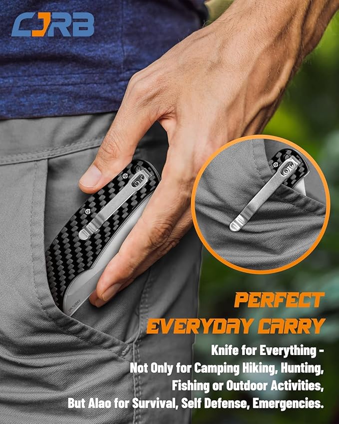 CJRB Crag Tactical Knife,Cleaver Pocket Folding Knife with Stonewash AR-RPM9 Steel Blade and Carbon Fiber Handle for Men Outdoor, Survival, Camping and EDC Black (J1904R)