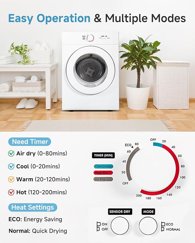 1.8 Cu.Ft Compact Dryer - 1020W Portable Clothes Dryer