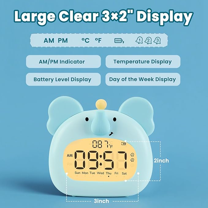 Elephant Alarm Clock with Night Light for Kids – Cute Digital Sleep Trainer with LED Display, 3 Alarms, Countdown Timer, Adjustable Brightness – Rechargeable Bedside Clock for Boys and Girls