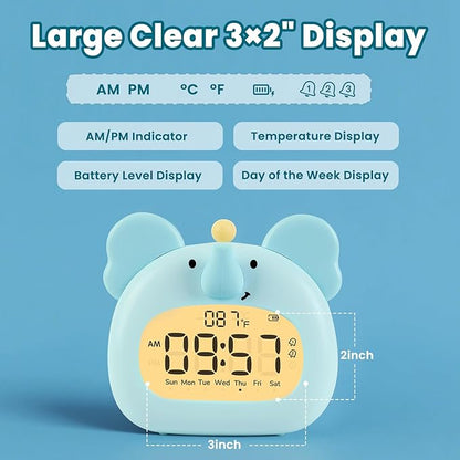 Elephant Alarm Clock with Night Light for Kids – Cute Digital Sleep Trainer with LED Display, 3 Alarms, Countdown Timer, Adjustable Brightness – Rechargeable Bedside Clock for Boys and Girls