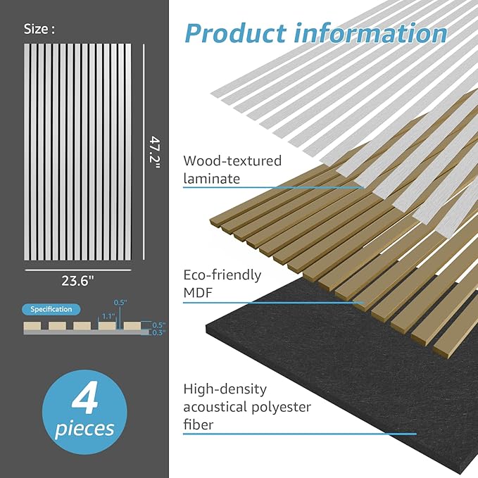 Art3d 4 Wood Slat Acoustic Panels