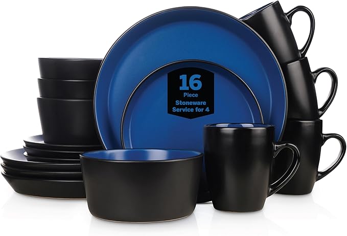 Stone Lain Albie Stoneware 16-Piece Modern Dinnerware Set, Kitchen Plates and Bowls Sets, Dish Set for 4, Blue and Black