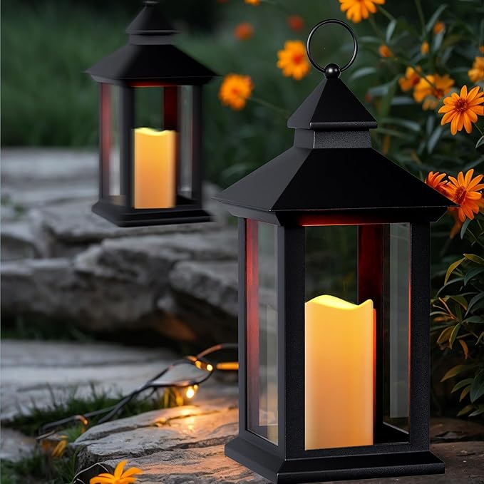 Lanterns Decorative Indoor, 1 Pack Black Outdoor Lantern with Timer, 14" Lantern Waterproof with Battery Operated Candle, Outdoor Hanging Lanterns for Porch, Patio, Wedding Decor