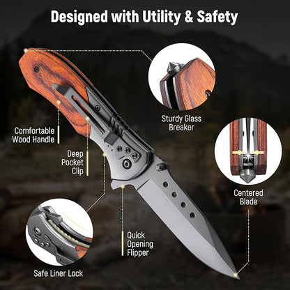 Pocket Knife for Men - Wood Handle Folding Pocket Knives with Clip, Glass Breaker - 3.46" Sharp Blade EDC Knife for Dad Tactical Hunting Survival Camping Fishing Hiking - Grey