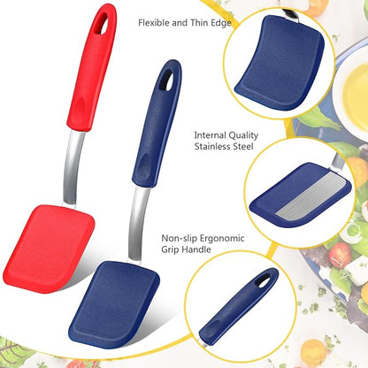 Silicone Cookie Spatula Turner 2 Pack Mini Brownie Spatula Flexible Kitchen Small Silicone Turner for Nonstick Cookware Heat Resistant No Scratch Flipper for Egg Pancake(Red,Blue)