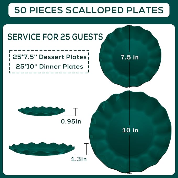 LIYH 50 Pcs Dark Green Plastic Plates Reusable Christmas Plastic Plates Green Christmas Plate Unbreakable Holiday Dinnerware Set Fancy Scalloped Plate Dishwasher Safe BPA Free (25Guests)