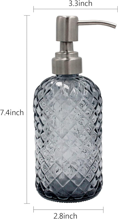 16 oz Diamond Pattern Glass Soap Dispenser, Kitchen and Bathroom Refillable