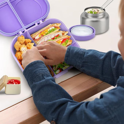 Bento Lunch Box with 12oz Soup Thermo,4 Compartments Lunch Box Containers, Spoon&Sauce Jar, BPA Free&Leak proof,Insulated Food Jar for Travel(Purple)