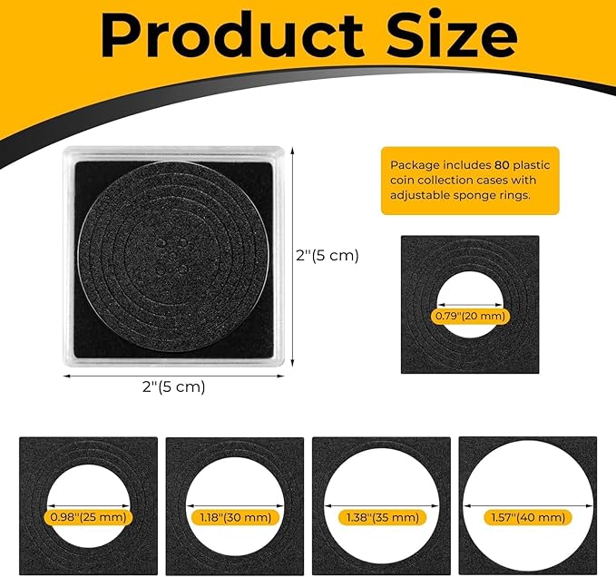 120 Pcs Adjustable Acrylic Coin Collection Cases with Sponges, Coin Snap Holder, Silver Dollar Protection Cases for Collectors, Coin Dollar Collection Supplies(20mm-40mm)